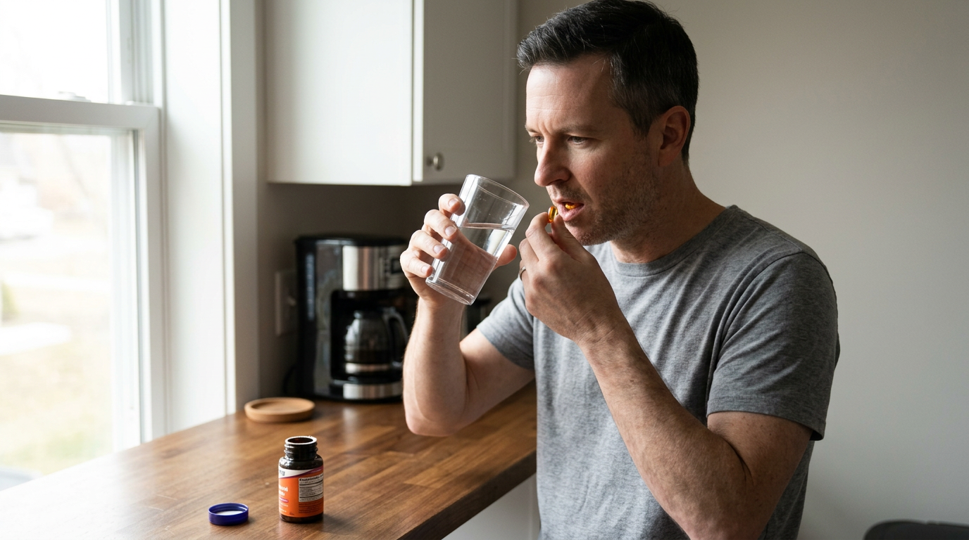 Mark taking a softgel in his kitchen